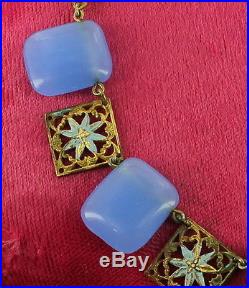 Antique Art Deco Czech Filigree Blue Glass Flower Enamel Necklace 15 Stunning