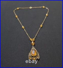 Antique Art Deco Czech Glass Brass Pendant Necklace