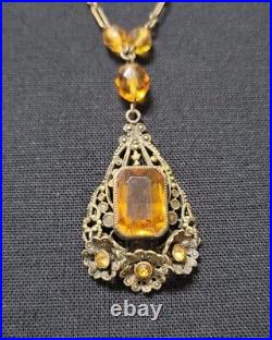 Antique Art Deco Czech Glass Brass Pendant Necklace