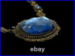 Antique Art Deco Czech Glass Necklace Blue Glass Multi Faceted Choker