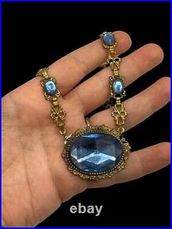 Antique Art Deco Czech Glass Necklace Blue Glass Multi Faceted Choker