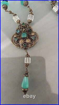 Antique Art Deco Czech Green Jadite Glass Jeweled Brass Drop Pendant Necklace