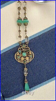 Antique Art Deco Czech Green Jadite Glass Jeweled Brass Drop Pendant Necklace