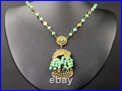 Antique Art Deco Czech Neiger Bros Glass Flower Grape Basket Necklace 1920s