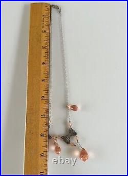 Antique Art Deco Czech PINK Faceted Glass BRIOLETTE Teardrop Bows Necklace