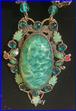 Antique Art Deco Czech Peking Glass Pendant Necklace