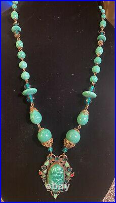 Antique Art Deco Czech Peking Glass Pendant Necklace