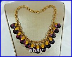 Antique Art Deco Czech Poured Purple Glass Dangles & Brass 16 Necklace