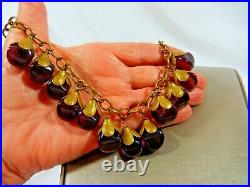 Antique Art Deco Czech Poured Purple Glass Dangles & Brass 16 Necklace