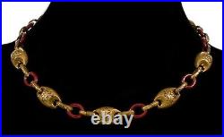 Antique Art Deco Czech Red Glass Enamel Brass Link Necklace Signed