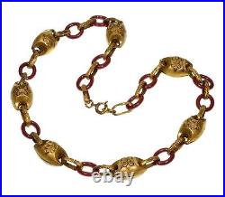 Antique Art Deco Czech Red Glass Enamel Brass Link Necklace Signed