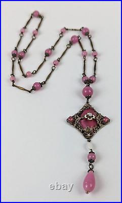 Antique Art Deco Czech Rose Pink Glass Enamel Neiger Bros Pendant Necklace 24