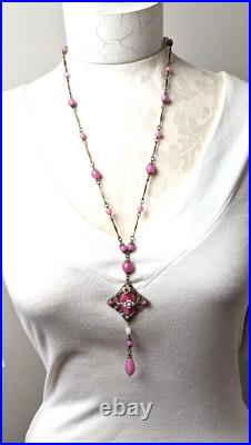 Antique Art Deco Czech Rose Pink Glass Enamel Neiger Bros Pendant Necklace 24