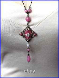 Antique Art Deco Czech Rose Pink Glass Enamel Neiger Bros Pendant Necklace 24