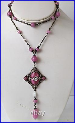 Antique Art Deco Czech Rose Pink Glass Enamel Neiger Bros Pendant Necklace 24