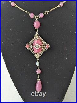 Antique Art Deco Czech Rose Pink Glass Enamel Neiger Bros Pendant Necklace 24