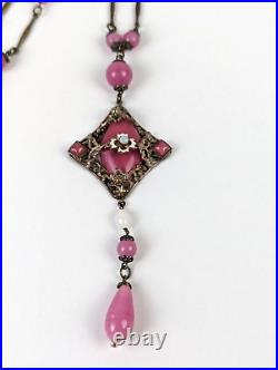 Antique Art Deco Czech Rose Pink Glass Enamel Neiger Bros Pendant Necklace 24