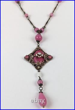 Antique Art Deco Czech Rose Pink Glass Enamel Neiger Bros Pendant Necklace 24