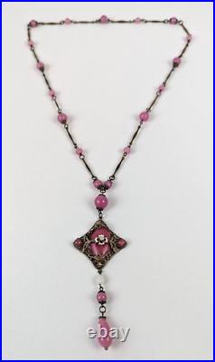 Antique Art Deco Czech Rose Pink Glass Enamel Neiger Bros Pendant Necklace 24