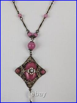 Antique Art Deco Czech Rose Pink Glass Enamel Neiger Bros Pendant Necklace 24