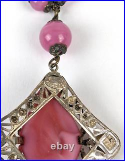 Antique Art Deco Czech Rose Pink Glass Enamel Neiger Bros Pendant Necklace 24