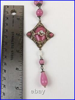 Antique Art Deco Czech Rose Pink Glass Enamel Neiger Bros Pendant Necklace 24