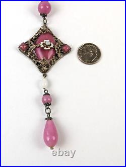 Antique Art Deco Czech Rose Pink Glass Enamel Neiger Bros Pendant Necklace 24