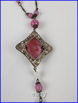 Antique Art Deco Czech Rose Pink Glass Enamel Neiger Bros Pendant Necklace 24