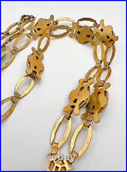 Antique Art Deco Czech Turquoise Glass Engraved Brass Pendant Necklace 28
