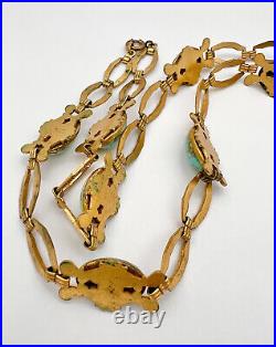 Antique Art Deco Czech Turquoise Glass Engraved Brass Pendant Necklace 28