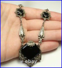 Antique Art Deco Czechoslovakia Black Glass Necklace Silver Tone