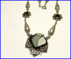 Antique Art Deco Czechoslovakia Black Glass Necklace Silver Tone