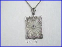 Antique Art Deco Diamond & Camphor Glass 14k white gold Pendant Chain Necklace