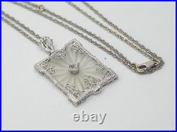 Antique Art Deco Diamond & Camphor Glass 14k white gold Pendant Chain Necklace