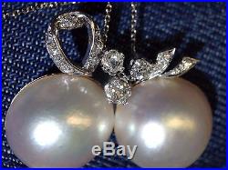 Antique Art Deco Double Mabe Pearl Mine Cut Diamond White Gold Pendant Necklace
