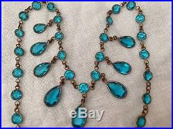 Antique Art Deco Edwardian Turquoise Blue Glass Paste Riviere Bezel Necklace