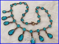Antique Art Deco Edwardian Turquoise Blue Glass Paste Riviere Bezel Necklace