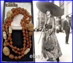 Antique Art Deco Egyptian Revival Carved Bone Celluloid Amber Flapper Necklace