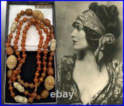 Antique Art Deco Egyptian Revival Carved Bone Celluloid Amber Flapper Necklace