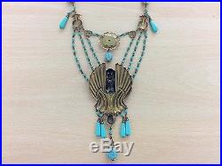 Antique Art Deco Egyptian Revival Turquoise Glass Necklace 1920