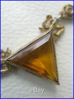 Antique Art Deco Engraved Gold Brass Bow Chain Amber Glass Necklace Pendant