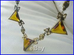 Antique Art Deco Engraved Gold Brass Bow Chain Amber Glass Necklace Pendant