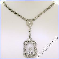 Antique Art Deco Esemco 14k Gold Camphor Glass Diamond Filigree Etched Necklace
