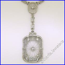 Antique Art Deco Esemco 14k Gold Camphor Glass Diamond Filigree Etched Necklace