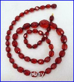 Antique Art Deco Faceted Cherry Amber Bakelite Bead 23 ½ Necklace Carved Clasp