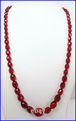 Antique Art Deco Faceted Cherry Amber Bakelite Bead 23 ½ Necklace Carved Clasp