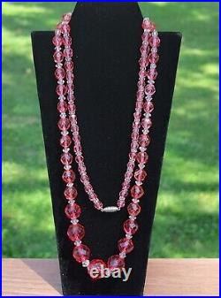 Antique Art Deco Faceted Pink Czech Glass Bead Necklace On Chain Long Flapper