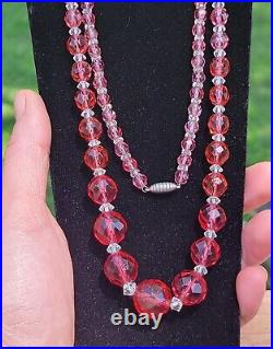 Antique Art Deco Faceted Pink Czech Glass Bead Necklace On Chain Long Flapper