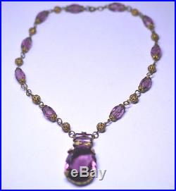 Antique Art Deco Faceted Purple Czech Glass 16 Necklace With Filigree Beads
