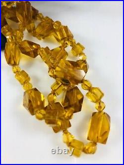 Antique Art Deco Flapper Citrine Amber Faceted Beads Hand Knotted Long Necklace